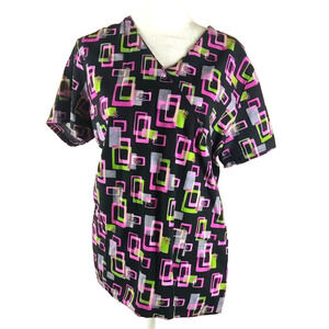 S B Scrubs Women's Scrub Top Size M Pink Gray Black Retro 1960' Print